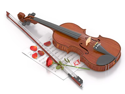 Beautiful Violin On Music Sheet Decorated With Rose Petals And Rose Stem 3d model