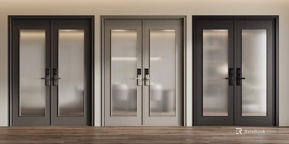 Swing Doors With Glass Vertical Stripes Dark Light Frames Black Handles Light Walls Wooden Floor 3d model 