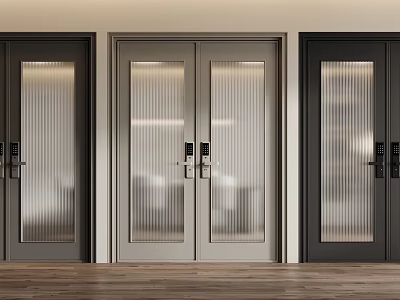 Swing Doors With Glass Vertical Stripes Dark Light Frames Black Handles Light Walls Wooden Floor 3d model