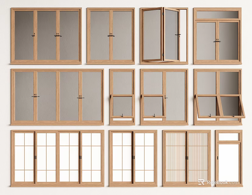 Various Wooden Window And Door Designs With Different Styles And Frames 3d model