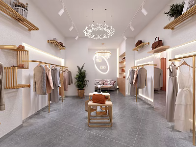 Stylish Clothing Store Interior With Hanging Clothes Display Racks Chandelier Sofa And Green Plants 3d model