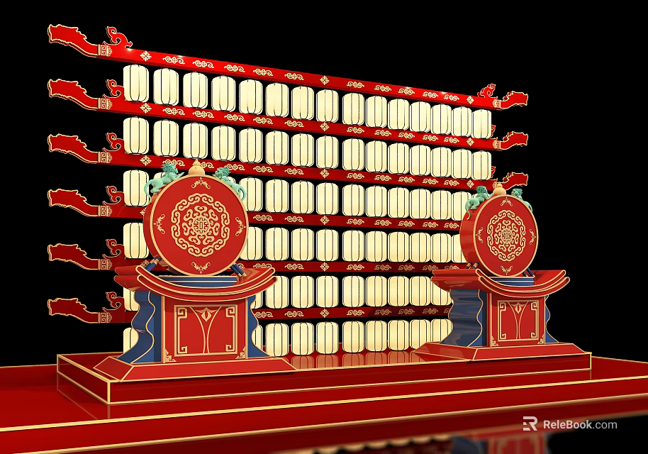 Traditional Chinese Style Photo Spot With Red Gold Lanterns And Circular Dragon Decorations 3d model 