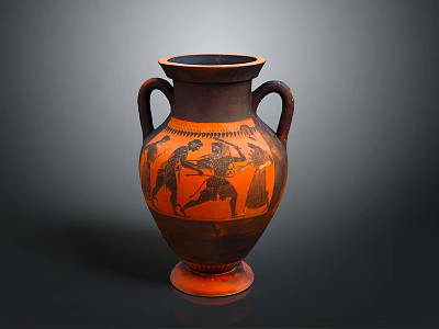 Ancient Greek Vase Sculpture with Two Handles and Figure Carvings in Orange Black Design 3d model