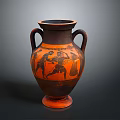 Ancient Greek Vase Sculpture with Two Handles and Figure Carvings in Orange Black Design
