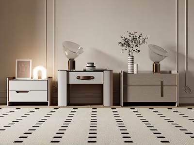 Three Modern Bedside Tables With Decorative Lamps Vase Plants And Photo Frame 3d model