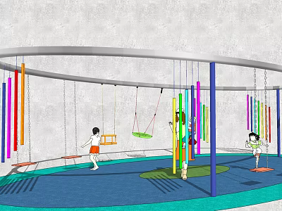 Colorful Outdoor Playground Equipment With Suspended Swings Poles And Children Playing 3d model