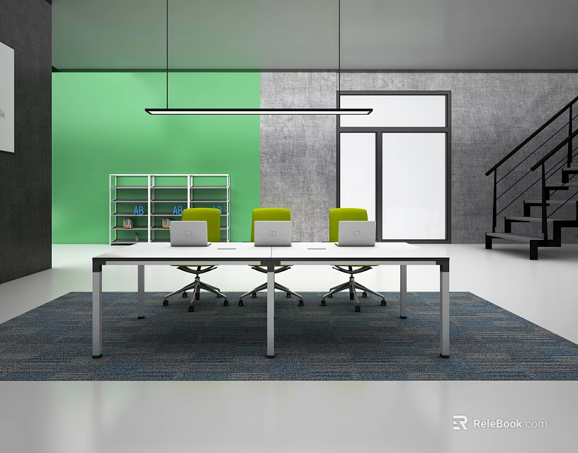 Office Desk With Three Yellow Chairs Laptop Green And Gray Walls White Bookshelf Window 3d model 