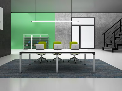 Office Desk With Three Yellow Chairs Laptop Green And Gray Walls White Bookshelf Window 3d model