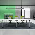 Office Desk With Three Yellow Chairs Laptop Green And Gray Walls White Bookshelf Window