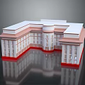 Cartoon Style Building Scenery with Symmetrical Model White Pink Facade Red Base Dome and Reflection