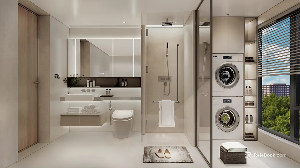Sleek Modern Bathroom Interior With Toilet Vanity Mirror Glass Shower And Washing Machine 3d model 