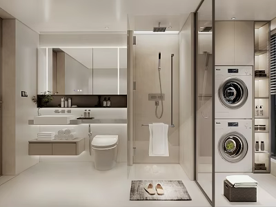 Sleek Modern Bathroom Interior With Toilet Vanity Mirror Glass Shower And Washing Machine 3d model