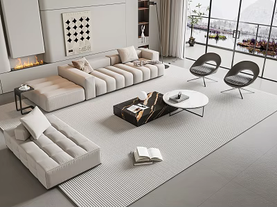 Modern Light Beige Sofa and Coffee Table Set with Marble Top Rug and Accent Chairs 3d model