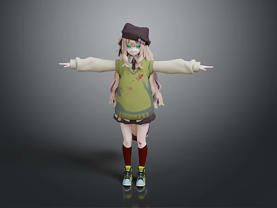 Woman With Hat Long Hair Wearing Green Top Short Skirt Long Socks Sneakers Arms Outstretched 3d model