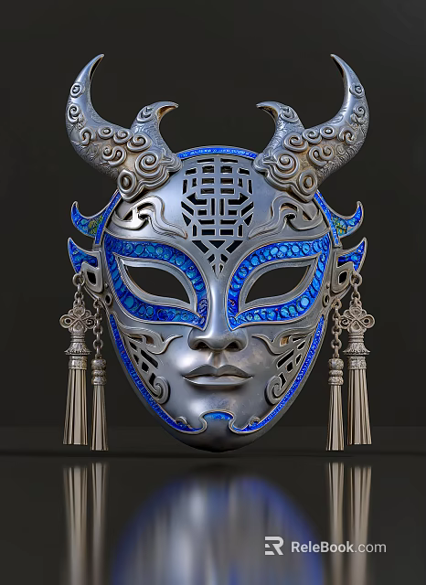 Intricate Silver Mask With Blue Enamel Patterns And Tassel Decorations 3d model 