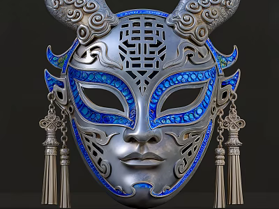 Intricate Silver Mask With Blue Enamel Patterns And Tassel Decorations 3d model
