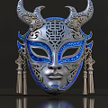 Intricate Silver Mask With Blue Enamel Patterns And Tassel Decorations