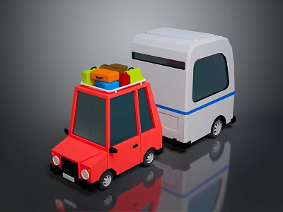 Cartoon Red Car With Luggage On Roof And White Camper Van With Blue Stripe 3d model