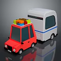 Cartoon Red Car With Luggage On Roof And White Camper Van With Blue Stripe