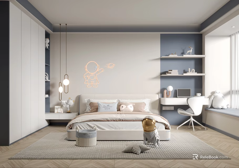 Modern Kids Room Interior With Neon Astronaut Airplane Decor Bed Bookshelf Desk Chair And Rug 3d model 
