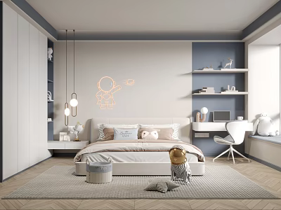Modern Kids Room Interior With Neon Astronaut Airplane Decor Bed Bookshelf Desk Chair And Rug 3d model