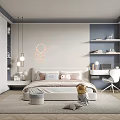 Modern Kids Room Interior With Neon Astronaut Airplane Decor Bed Bookshelf Desk Chair And Rug