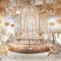 Luxurious Banquet Hall With Golden Floral Decor Ornate Archway White Tables and Chairs Marble Floor