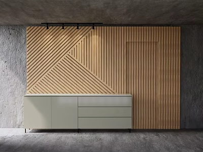 Modern Wooden TV Wall Design With Slatted Geometric Pattern And Light Cabinet 3d model