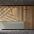 Modern Wooden TV Wall Design With Slatted Geometric Pattern And Light Cabinet