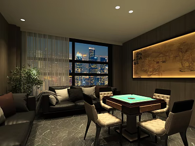 Hotel Mahjong Room with City Night View Comfortable Sofa Decorative Painting and Green Plant 3d model