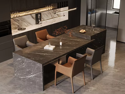 Elegant Modern Kitchen Interior With Marble Dining Table And Chairs 3d model