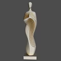 Abstract Human Form Art Installation With White Wavy Striped Design And Base Stand