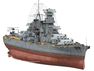 Large Battleship With Multiple Turrets Gray Upper Hull And Red Bottom 3d model