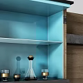 Wooden Storage Cabinet with Black Stand Open Door Revealing Blue Drawer and Interior Shelves