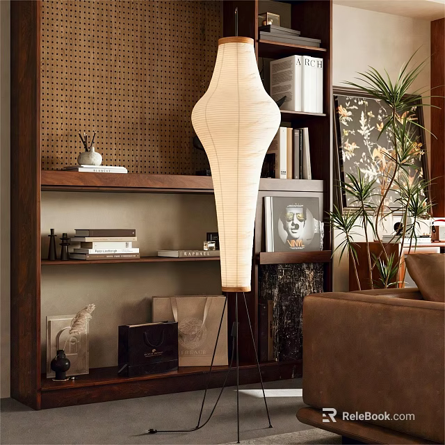 Minimalist Paper Floor Lamp in Modern Living Room with Wooden Bookshelf and Green Plant 3d model 