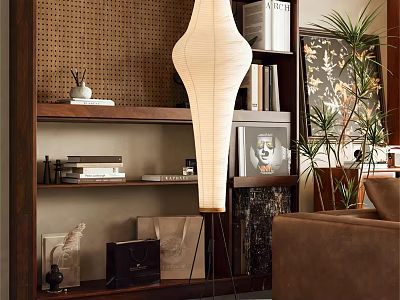 Minimalist Paper Floor Lamp in Modern Living Room with Wooden Bookshelf and Green Plant 3d model