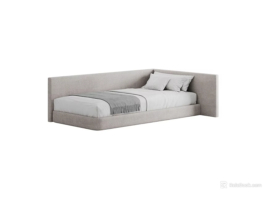Minimalist Modern Single Bed Upholstered Light Gray Frame With Two Pillows And Simple Bedding 3d model