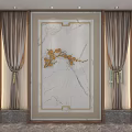 Luxurious Sofa Backdrop Wall With Marble Panel Golden Ornament And Side Curtains 3d model