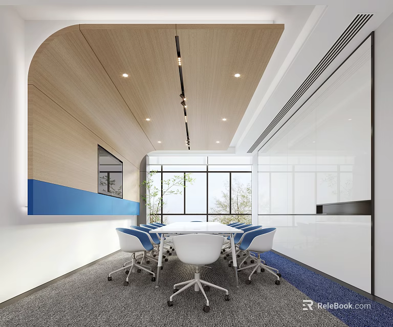 Modern Conference Room With White Table Blue And White Chairs Wooden Ceiling And Large Windows 3d model 
