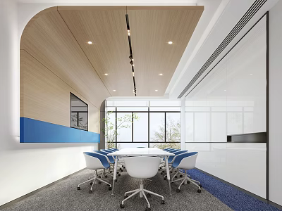 Modern Conference Room With White Table Blue And White Chairs Wooden Ceiling And Large Windows 3d model