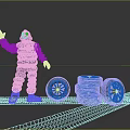 Stacked Black Tires With Waving Inflatable Figure In Display Scene 3d model