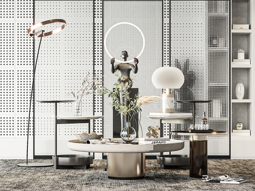 Modern Elegant Coffee Table With Floor Lamp Table Lamp Vase And Shelves In Living Room 3d model 
