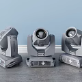 Three Gray Stage Moving Head Decorative Lights On Blue Wall And Wooden Floor