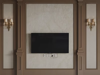 Elegant Beige TV Wall Design With Wooden Columns Golden Sconces And Mounted Black TV 3d model