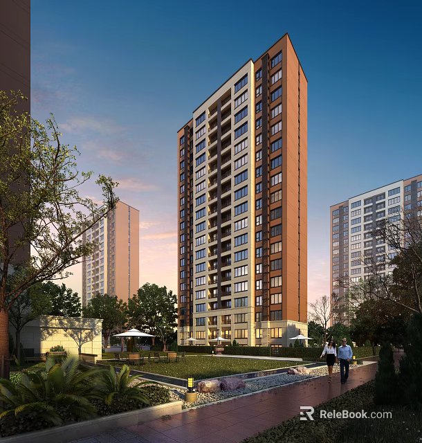 Modern High Rise Residential Building With Greenery Trees Lawn And Community Area 3d model 