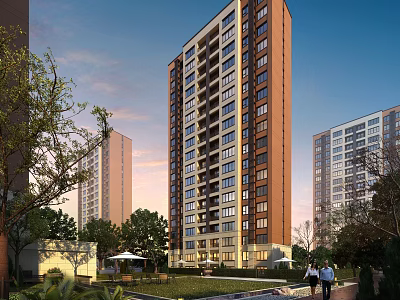 Modern High Rise Residential Building With Greenery Trees Lawn And Community Area 3d model