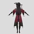 Eastern Themed Female Character In Red Black Outfit With White Fur Trim And Small Creature