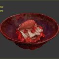 Delicious Creamy Dessert Served in Colorful Glazed Bowl Topped with Fresh Red Berries and Pink Fruit