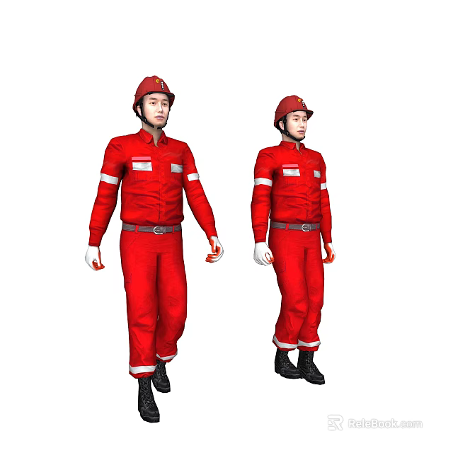 Men In Red Uniforms With Red Safety Helmets White Stripes Black Shoes And White Gloves 3d model 