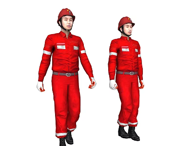 Men In Red Uniforms With Red Safety Helmets White Stripes Black Shoes And White Gloves 3d model